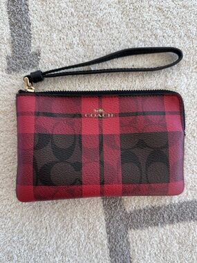 Coach Red and Black Plaid Signature Zip Wristlet